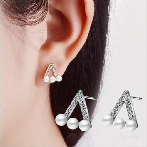 TJP Trendy Rose Gold Crystal Pearl Stud Earrings Jewelry For Women Party Jewelry Fashion Girl 925 Silver Earrings Accessories