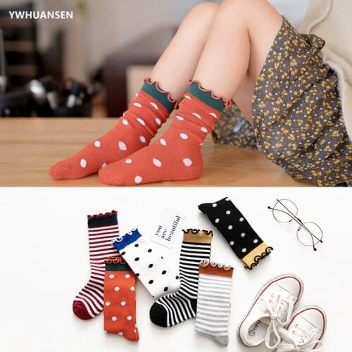 YWHUANSEN 1-10 Years Fashion Autumn Winter Girls Ruffle Socks Striped Dot Cotton Children Socks Wholesale Socks for Kid Footwear
