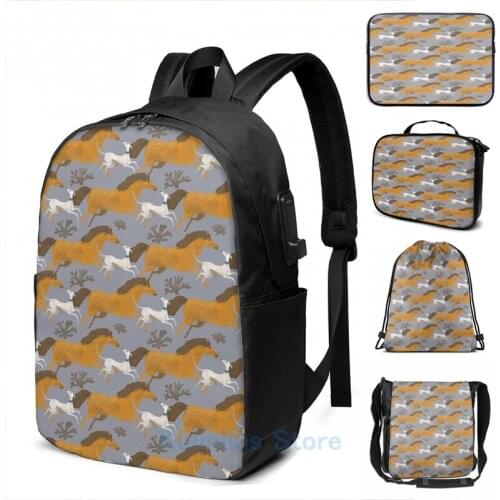 Funny Graphic print Greyhound and Horse USB Charge Backpack men School bags Women bag Travel laptop bag