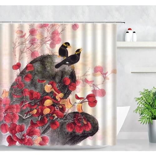 Chinese Style Ink Painting Shower Curtains Bathroom Decor Black Birds Stone Red Leaf Plant Flowers Print Bath Curtain With Hooks