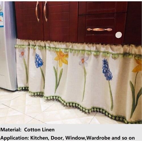 Country Style Cotton Linen Half Curtain with Tassel Beige Cafe Curtain Short Kitchen Panel Valance Daffodil Print Door Curtain