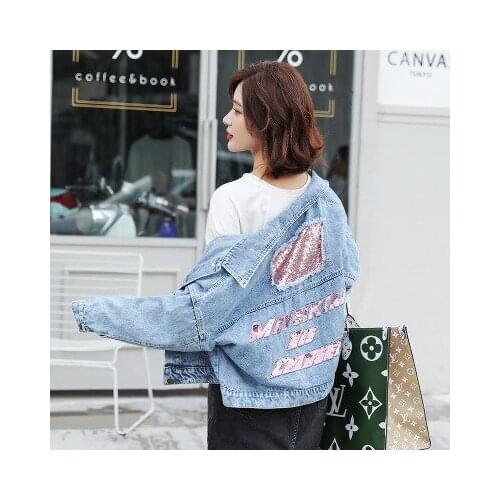Korean Version Sequined Holen Short Denim Jacket Women 2019 Autumn Winter New Fashion Loose Jacket Teen Girl Streetwear