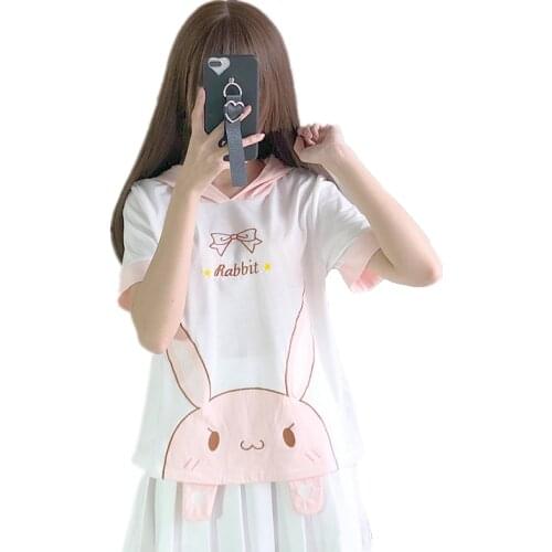 Summer Kawaii T Shirt Women Harajuku Cute Rabbit Long Ears Hooded Tshirt Teen Girls Short Sleeves Cartoon Embroidery Tee Top