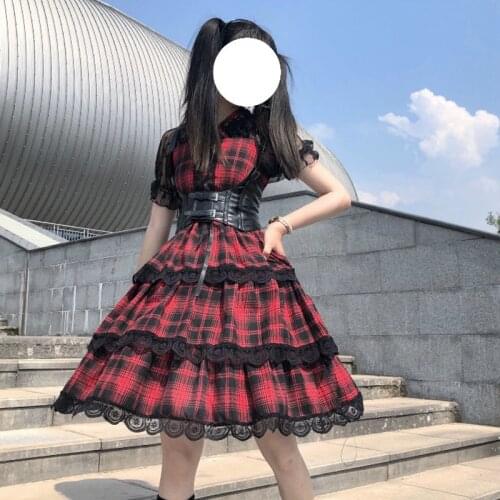 2021 Summer Gothic Layered Lace Ruffles Lolita Dress Japanese Harajuku Women Streetwear Spaghetti Strap Red Plaid Bandage Dress