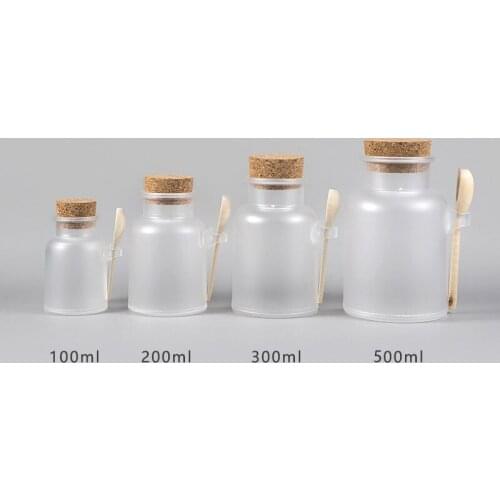 10pcs 100/200/300ml Empty Frosted Bath Salt Bottles Plastic Refillable Container Bottle Jars With Cork Stopper and Wooden Spoon