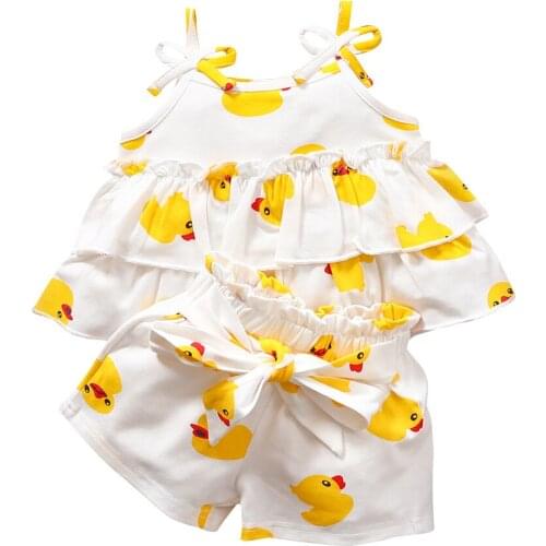 2021 Infant Baby Camisole + Shorts, Duckling Print, Ruffle Bow Decoration CoolingSummer Clothing