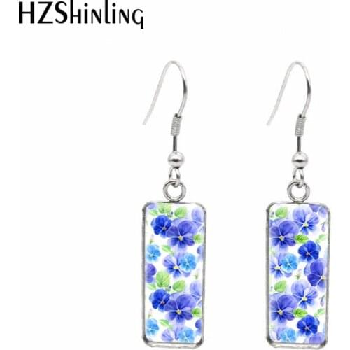 2021 New Color Pansy Rectangular Earring Flower Pattern Painting Fish Hook Earrings Glass Cabochon Handmade Jewelry