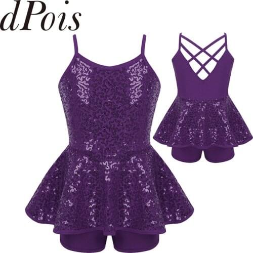 Girls Sleeveless Shiny Sequins Criss Cross Back Ballet Dance Shorty Unitard Attached Skirt Kids Girl Modern Dance Unitard Dress