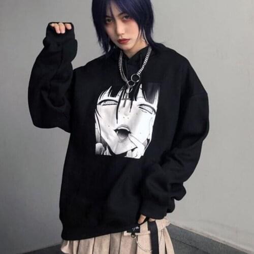 Black Harajuku Hoodie Girls Tops Cool loose Hip Hop Sweatshirt Japan fun Anime cartoon Ulzzang women chic Punk Hoodie Streetwear