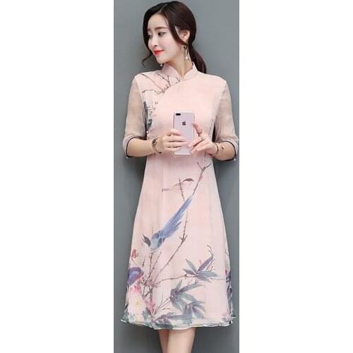 Improved Cheongsam Dress Vintage Stand Collar Ancient Chinese Style Print A-Line Dress Ladies Summer Elegant Retro Qipao 30963