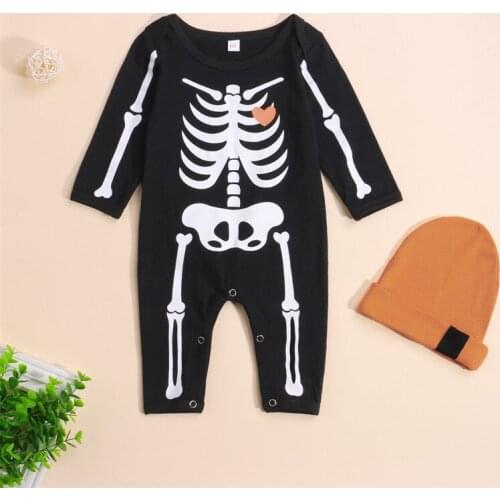 Baby Halloween Outfits Kids Boys Skeleton Print Round Neck Long Sleeve Jumpsuit+ Hat 2 Piece Set for Spring Fall 0-18 Months