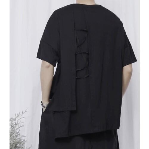 Summer new t-shirt mens tide original Japanese Yamamoto wind dark asymmetrical lace design loose short-sleeved t-shirt