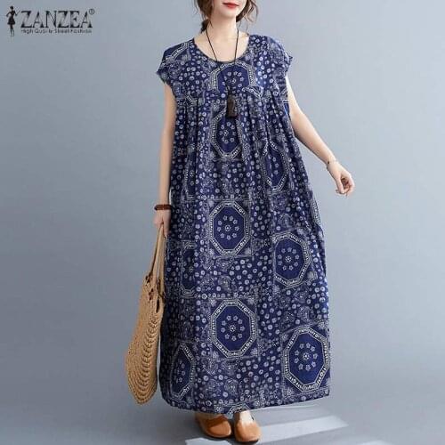 ZANZEA Summer Vintage Floral Printed Sundress Women O Neck Short Sleeve Loose Long Dress Kaftan Vestidos Robe Femme Plus Size