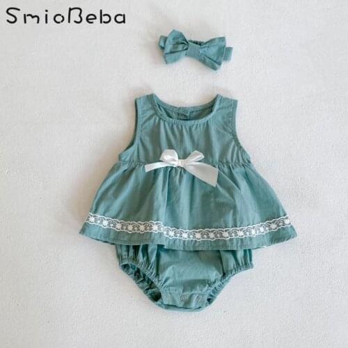 Summer Bow Vest Princess Rompers Sleeveless Skirt Baby Girl One Piece Newborn Cute Green Jumpsuits Japan Style Outfit Clothing
