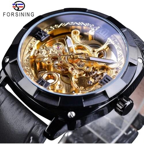 Forsining Royal Black Golden Clock Transparent Case Fashion Black Genuine Leather Band Luminous Hands Automatic Watches for Men