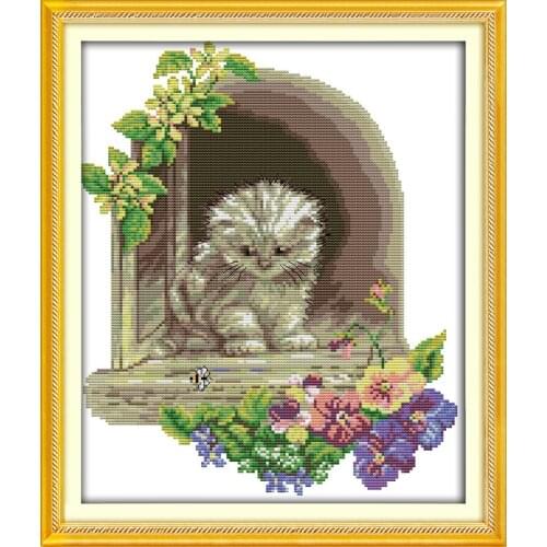 Joy sunday animal style Kitten in the window counted cross stitch kits christmas gift patterns for beginners