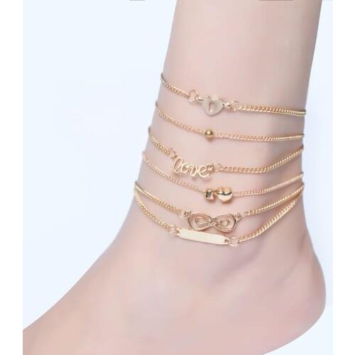 Bohemian 6pcs/lot Anklets Sets For Women Anklet Bracelet On Leg Gold Heart Love Bar Infinity Foot Chain Ankle Beach Jewelry