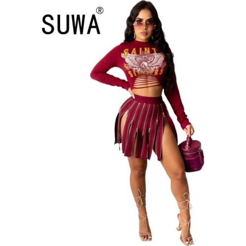 Wholesale ipper Up Splice Knitted Skirt Fall Clothes for Women 2021 Sexy Elegant High Waist Split Party Club Skirts