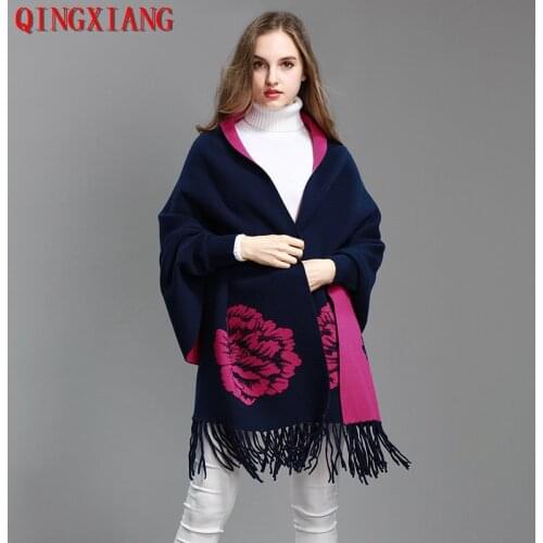 2021 Oversize Double Side Cloak Winter Knitted Floral Poncho Women Cape Solid Designer Female Long Sleeves Wrap Two Color Shawl