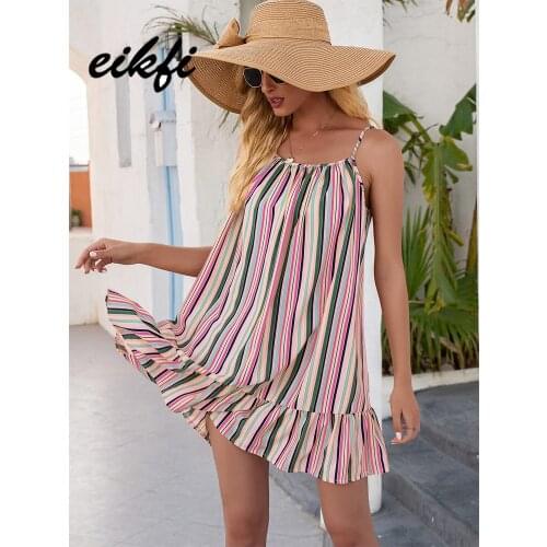 EIKFI Multicolor Stripe Print Women Cami Dress Summer Ladies Sexy Back Tie Knot Ruffle Hem Backless Casual Loose Mini Dress New