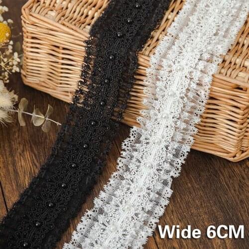 6CM Wide White Black 3d Pleated Mesh Ribbon Beaded Fringe Lace Trim DIY Lace Fabric Sewing Cloth Collar Trim