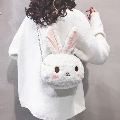 Winter Fluffy Soft Plush Rabbit White Pearl Shoulder Strap Bag Girls Kawaii Chain Crossbody Bags Casual Storage Phone Makeup bag