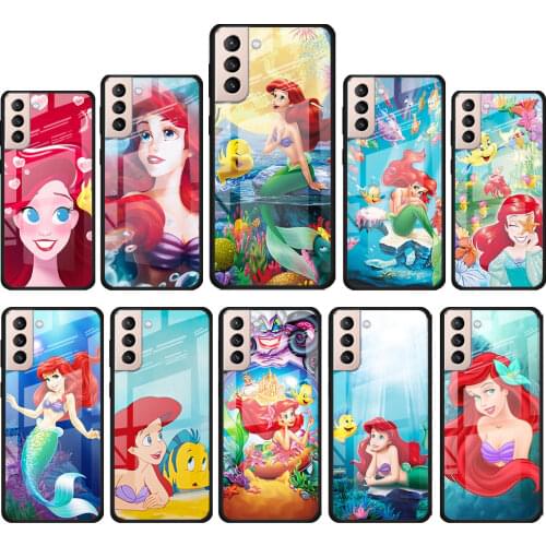 Mermaid Disney Princess for Samsung Galaxy S21 Ultra Plus A72 A52 4G 5G M51 M31 M21 Luxury Tempered Glass Phone Case Cover