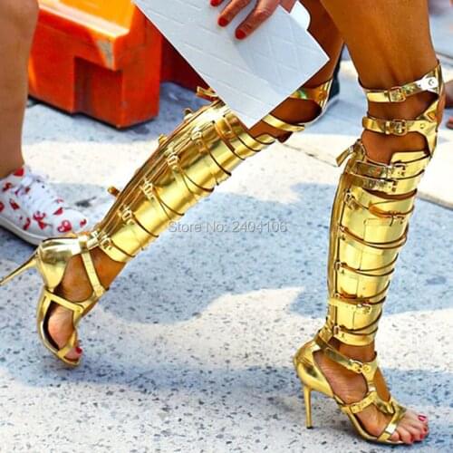 Sapato Feminino Metallic Gladiator Strappy Sandals Silver Gold Thigh High Boots Overknee High Heels Cut Outs Summer Shoes Woman