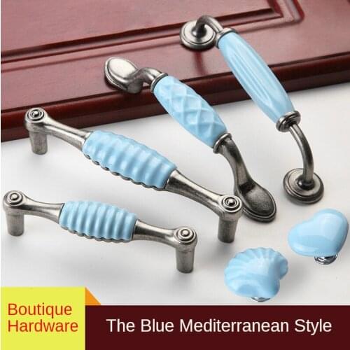 Blue Ceramic Handles Mediterranean Kitchen Cabinet Door Handle Wardrobe Drawer Knobs Love Shell Single Hole Furniture Small