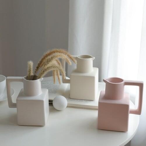 Nordic Brief Style Square Ceramic Vase Art Creative Personality Ins Dried Flower Decoration Desktop Flower Tabletop White Pink