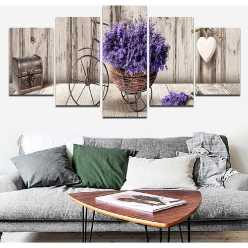 Modern Minimalist Wood Color Background Purple Flowers Wall Decor Lavender Canvas Painting Hd Printing Five Pcs Poster for Home