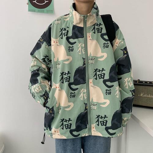 Kawaii Cat Print Hoodie Streetwear Male Japan Sweatshirt Cardigan Tops Casual Funny Spring Autumn Harajuku Punk Zipper Hoodies