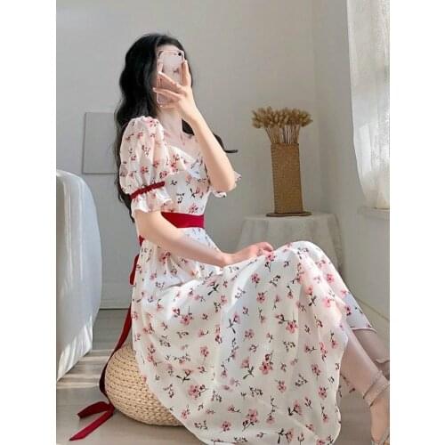 VOOCIEC French Retro Floral Dress Mori Girls Sweet And Fresh Long Woman Dress Puff Sleeve Literary Girl Fairy Chiffon Dress