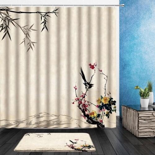 Chinese Style Shower Curtains Ink Painting Flowers Birds Scenery Pattern Bathroom Decor Cloth Hanging Curtain With Flannel Mat