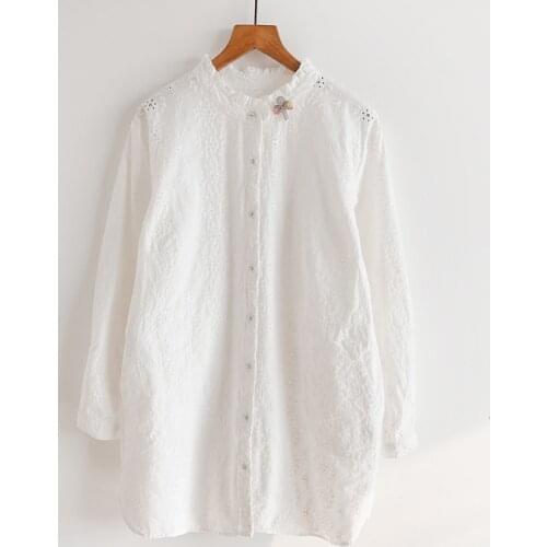2020 New Autumn Women Shirt Literary Embroidery Stand Collar Cotton White Loose Long Sleeve Blouse Women