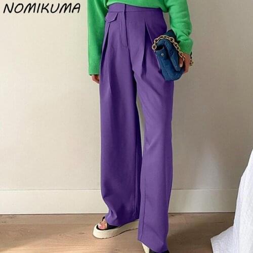 Nomikuma Women Pants 2021 Autumn Winter Elegant High Waist Long Trousers Causal Purple Wide Leg Pants Pantalones De Mujer 6X073