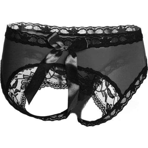 Women Sexy Open Butt Panties Big Bowknot Floral Lace Trim Hollow Lingere Briefs