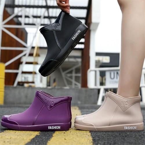 Rubber Shoes Women Waterproof Rain Boots Ankle Shoes Purple Black Beige New Female Water Shoes Rainboots Ankle Boots Flats