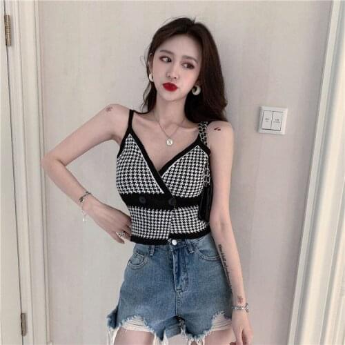 Women Corset Tops Sexy Plaid Short Knitted Small Tank Top Summer Women Tank Camis Crop Top For Women