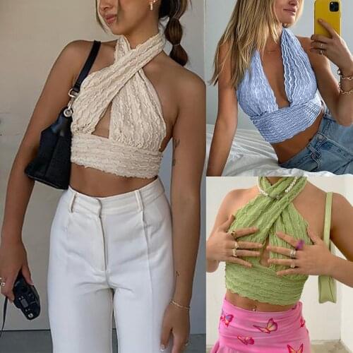 Women Cutout Crop Tank Top Sexy Sleeveless Criss Cross Halter Neck Textured Camisole Solid Sexy Sleeveless Backless Vest