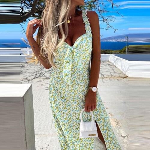 Fashion Floral Printed Sling Slit Elegant Long Dress Women Summer Sexy Deep V-Neck Bow Backless Sleeveless Chic Beach Dress Lady
