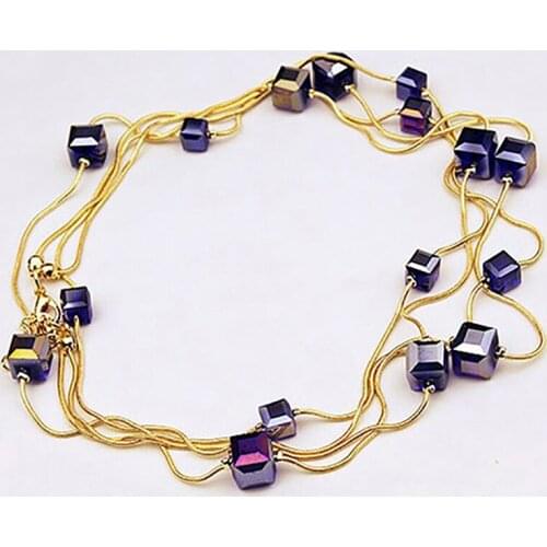 Women Necklace Square Rhinestones Beads 2 Layers Golden Alloy Chain Long Sweater Necklaces Collier Collana Necklace Women