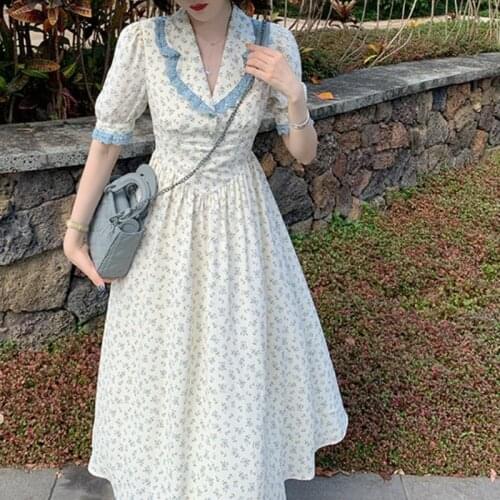 Women Dress 2021 Summer Korean Chic Female Elegant Temperament Lapel Single-Breasted Puff Sleeve Casual Slim Party Dress Vestido