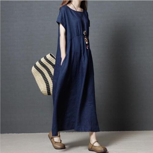 2020 Women Vestido Short Sleeves A-line Dress Cotton And Linen Casual Loose Long Dress 4color Pocket Women Dress Plus Size M-7XL