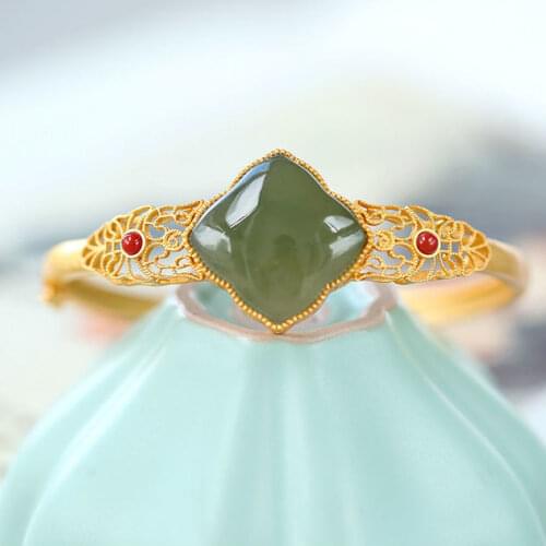 S925 Sterling Silver Inlaid Natural Hetian Jade Gray Jade Square Geometric Hollow High-End Elegant Ornament for Women