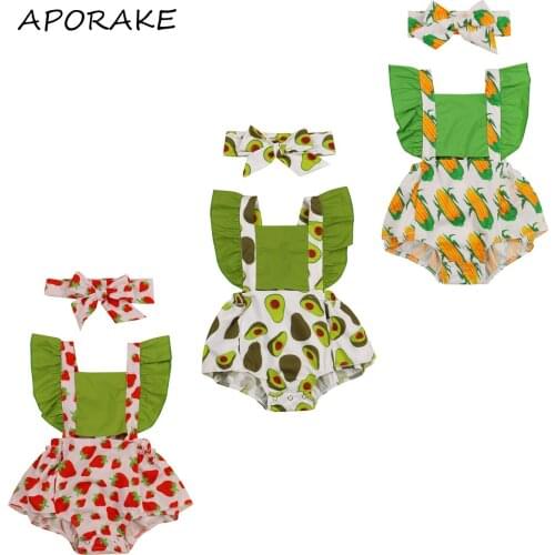 2021 0-18M Sweet Newborn Baby Girl Romper Strawberry/Corn/Avocado Printing Fly Short Sleeve Square Collar Backless Playsuit 2pcs