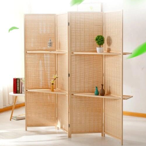 Bamboo 4 Panel Folding Room Divider Screen w/ Removable Storage Shelves Hinged Privacy Screen Portable Folding Room Divider