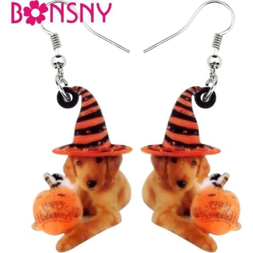 Bonsny Acrylic Halloween Sweet Pumpkin Hat Labrador Dog Earrings Cartoon Animal Jewelry For Women Girls Teens Party Accessories