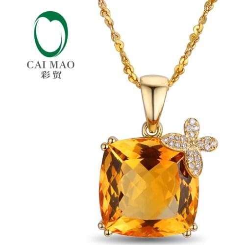 Caimao Jewelry 19.80ct Natural Citrine 14K Yellow Gold Pave Set Diamond Pendant