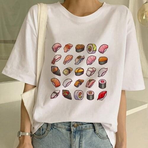 Sushi Cat Cartoon Kawaii Fun Printed women Tshirt Harajuku 90s Girls T shirt Summer O-neck short sleeve t-shirt femme mujer